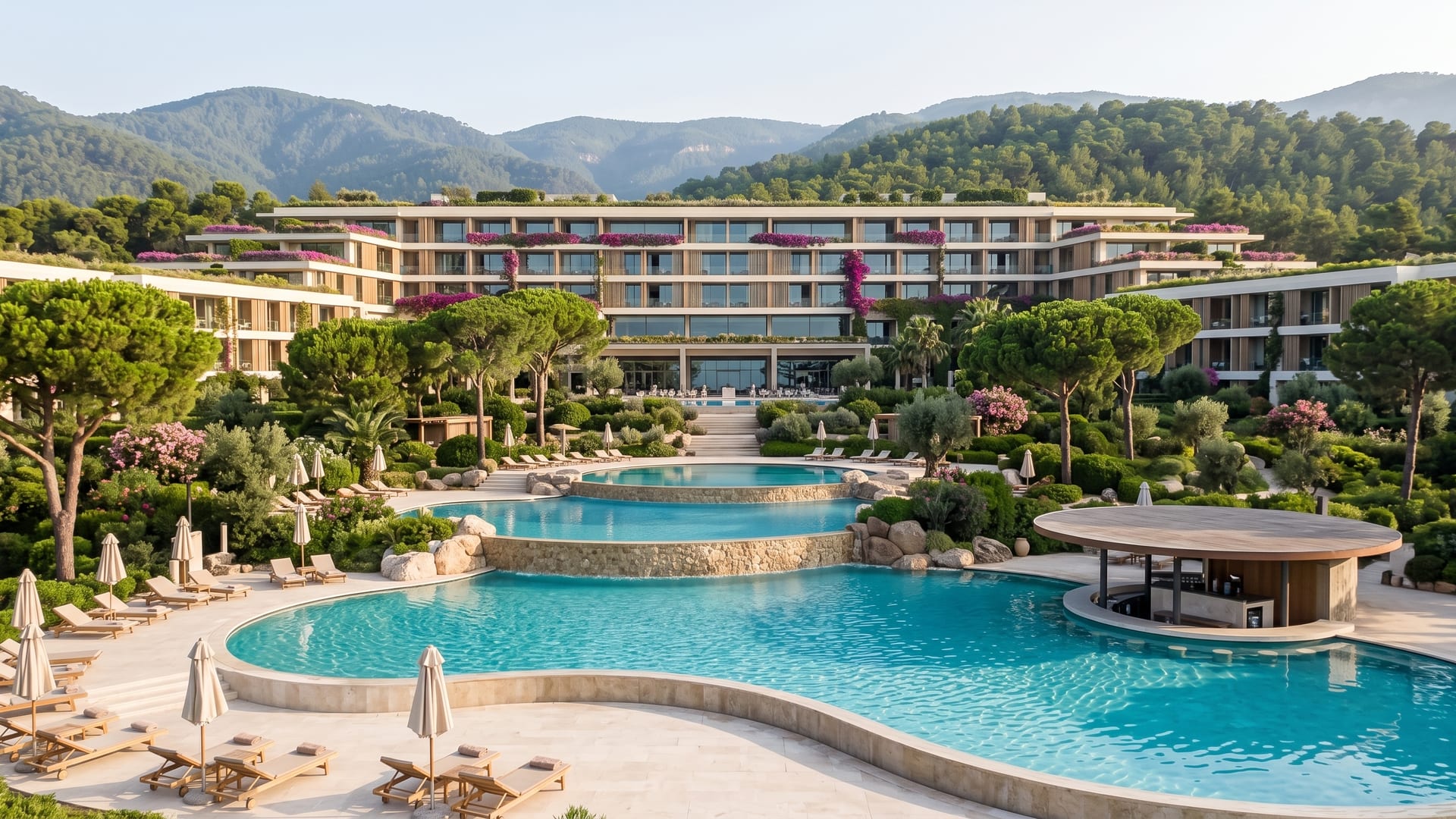 Terraced pools, with the round island bar in the lowest pool