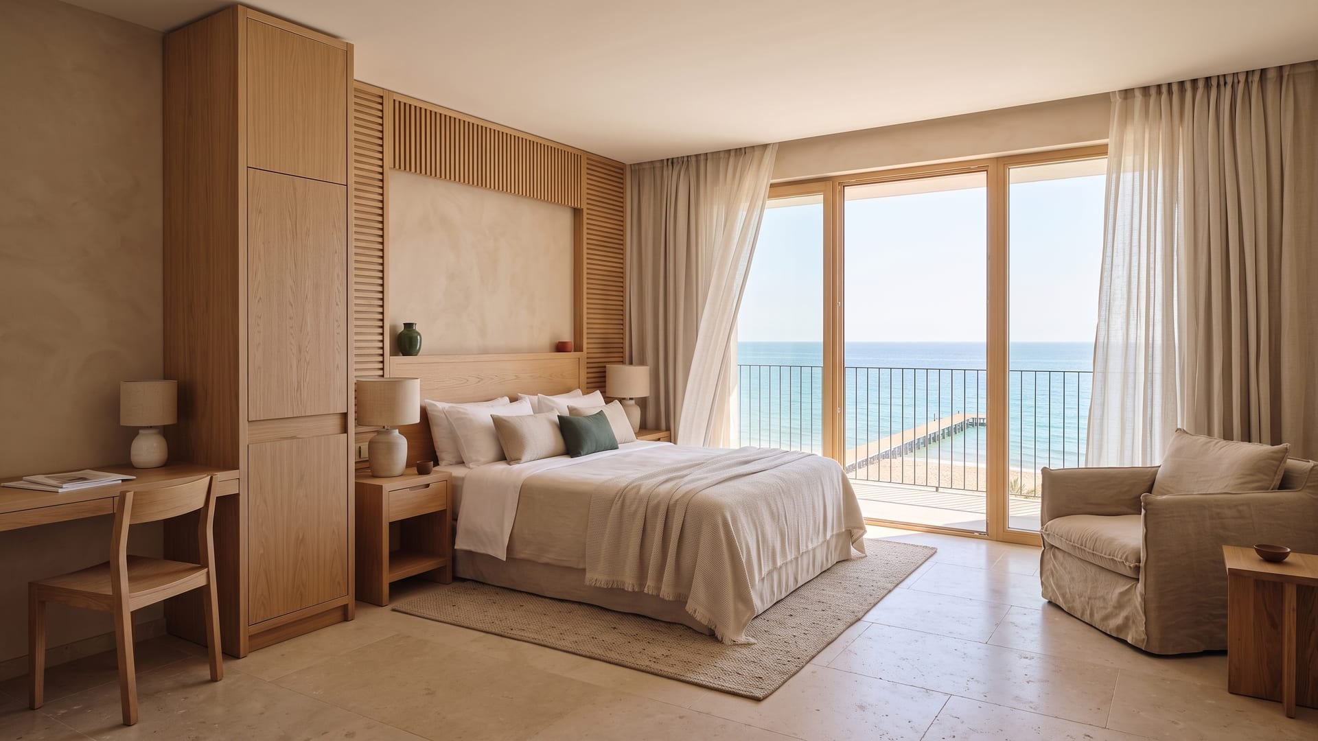 Sea View Room: balcony, sheer curtains and the sea horizon